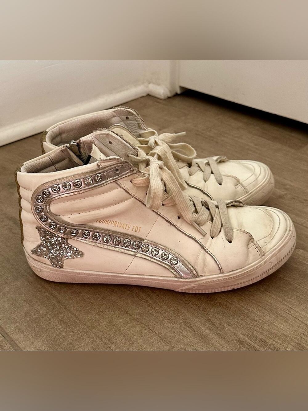 Golden Goose GGDB 39 Private EDT Crystal Hi-Top Sneakers White Glitter Leopard